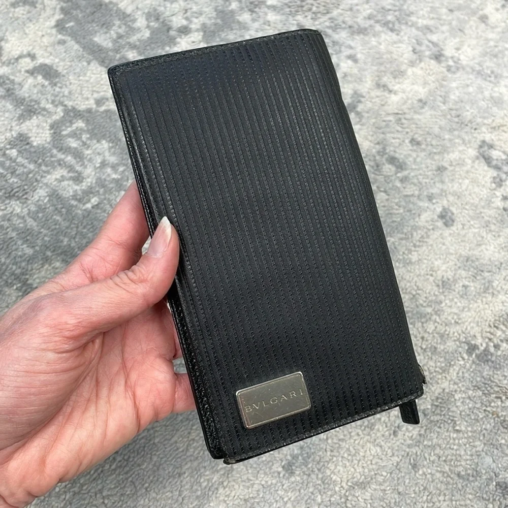 Bvlgari Ribbed Nylon Long Bifold Wallet Black Branded Plaque Designer